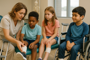 niños mirando a otro que tiene un esguince