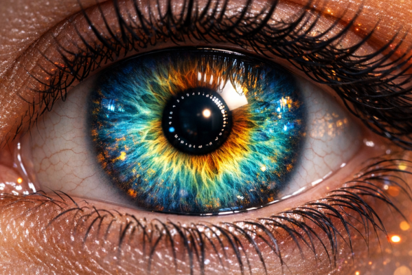 Primer plano de un ojo humano con gran nivel de detalle. El iris presenta colores intensos en tonos azul, verde y dorado, con un patrón radial muy definido que lo hace llamativo. La pupila es negra y centrada, con reflejos de luz visibles. Las pestañas son largas y nítidas, y la piel alrededor muestra textura natural con pequeños brillos. La iluminación resalta los colores del iris y crea un efecto visual vibrante.